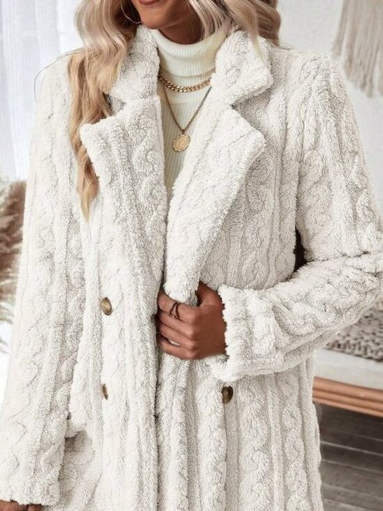 White Preppy Womens Double Breasted Lapel Neck Flannelette Coat - Picture 2 of 5